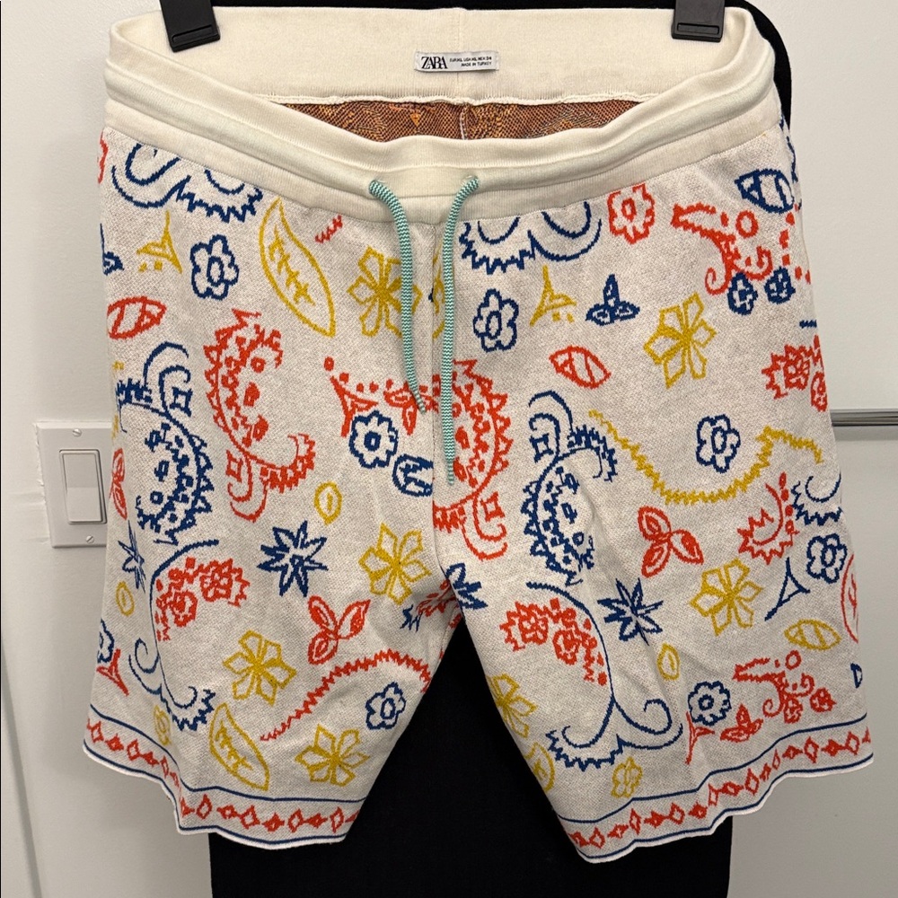 Zara White Shorts with Red, Blue, and Yellow Patterns